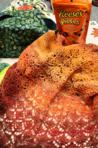 Here is a close up of the shawl she knit for me (she also spun the yarn herself). The pattern is mariposa.