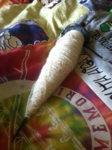 Here is my full spindle. The spun yarn on the shaft of the spindle is called the cop.